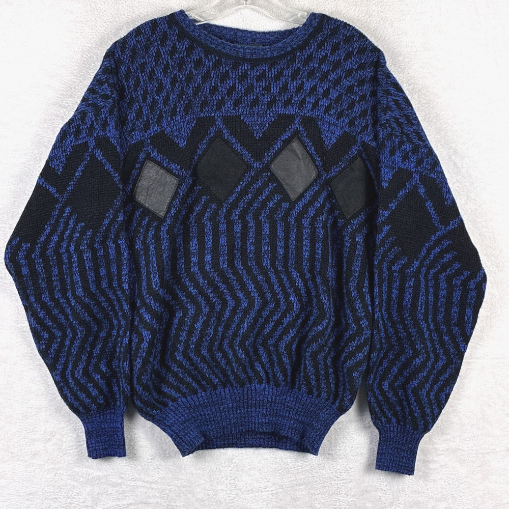 VTG 90s Playboy Knit Sweater Mens M Navy Black Leather Trim Accent Geometric